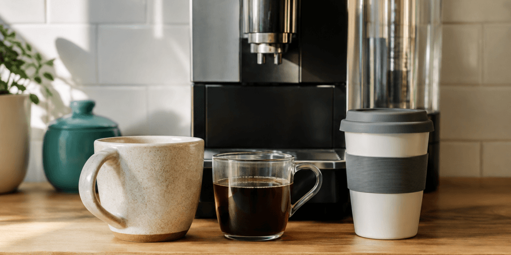 Drei unterschiedliche Tassen an einer Kaffeemaschine als Symbol für drei Beschäftigungsmodelle in Polen: Arbeitsvertrag, Auftragsvertrag und B2B-Vertrag
