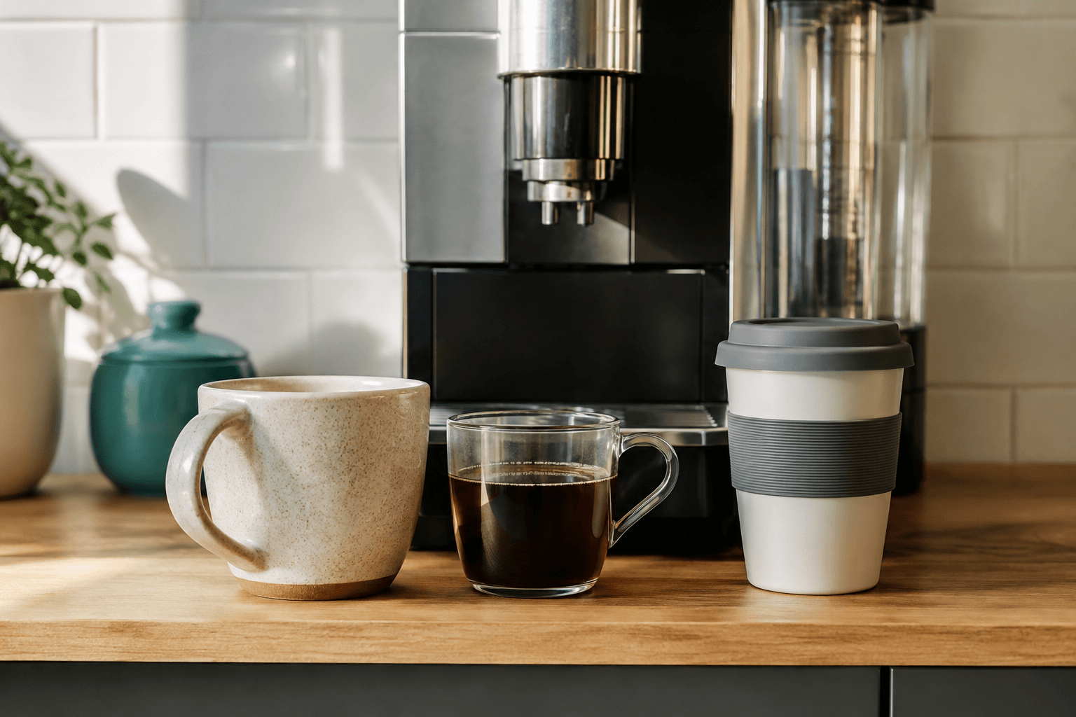 Drei unterschiedliche Tassen an einer Kaffeemaschine als Symbol für drei Beschäftigungsmodelle in Polen: Arbeitsvertrag, Auftragsvertrag und B2B-Vertrag