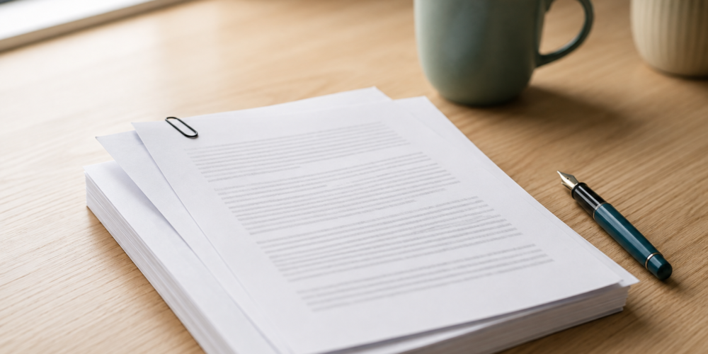 Vertragsunterlagen mit zwei zusätzlich aufgelegten Seiten und Büroklammer auf einem Schreibtisch als Symbol für die Änderung eines Arbeitsvertrags in Polen