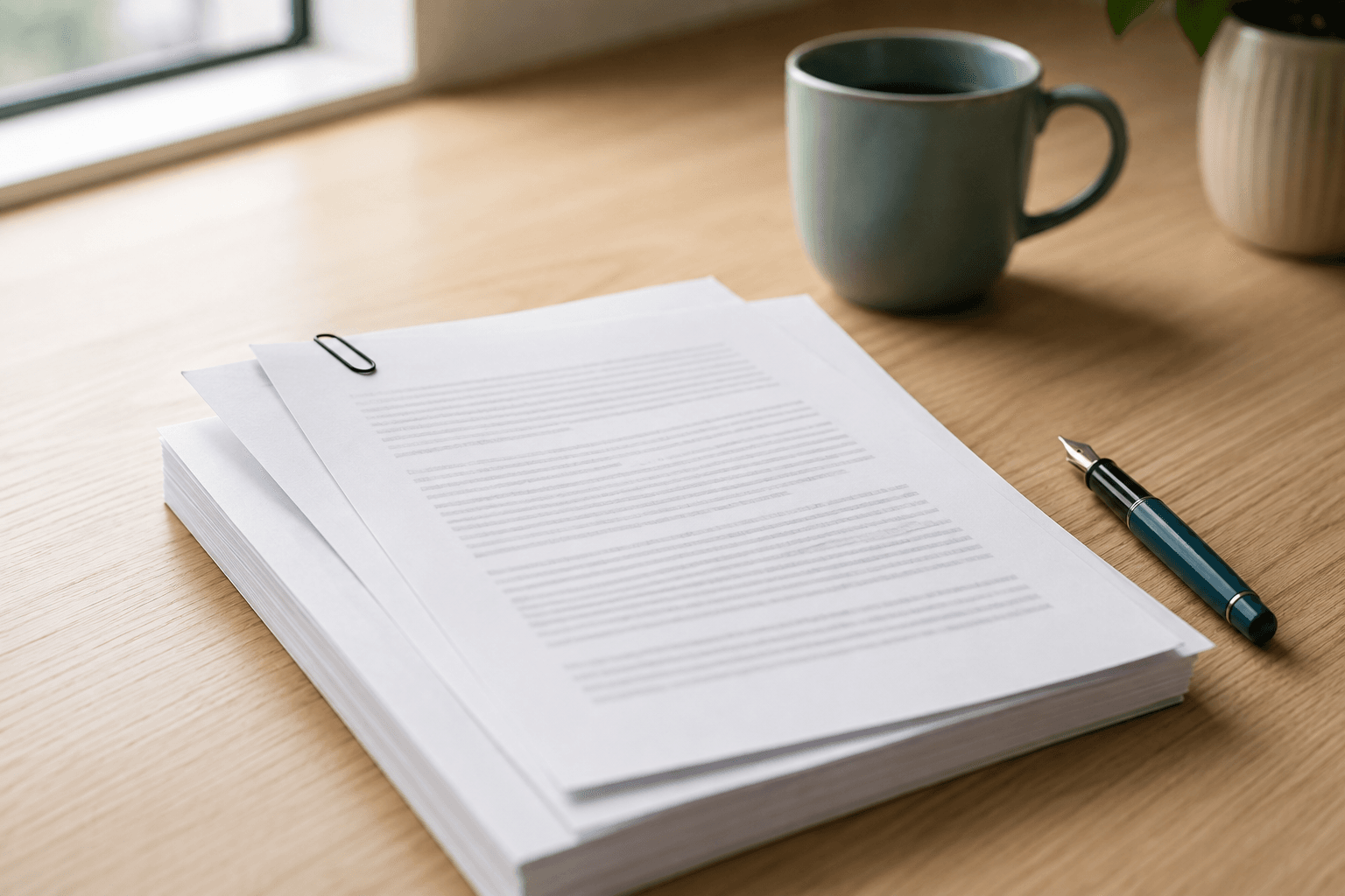 Vertragsunterlagen mit zwei zusätzlich aufgelegten Seiten und Büroklammer auf einem Schreibtisch als Symbol für die Änderung eines Arbeitsvertrags in Polen