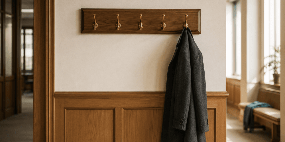 Garderobenleiste mit mehreren leeren Haken und einem einzelnen Mantel in einem Bürogang als Symbol für eine Gruppenentlassung in Polen