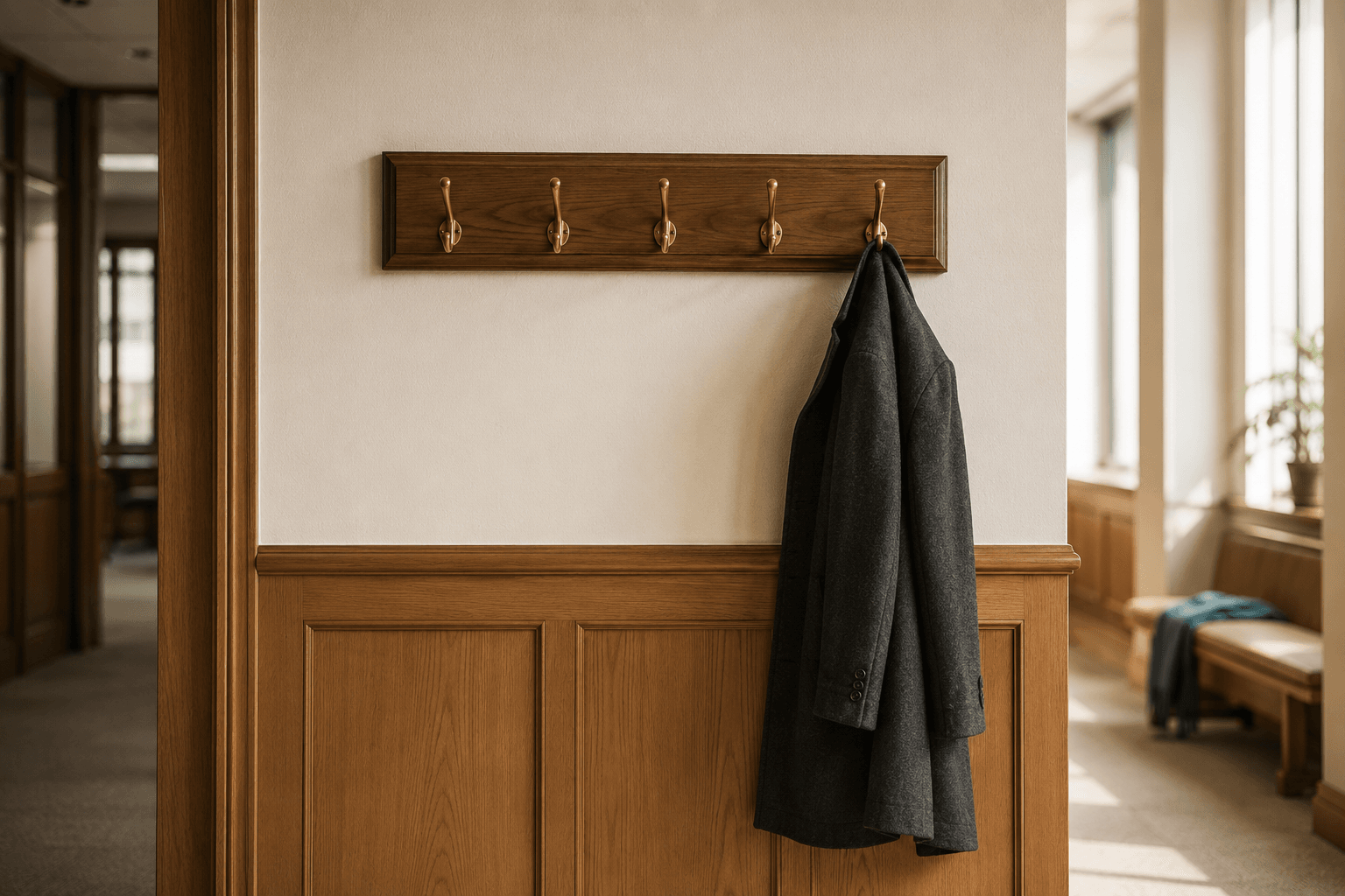 Garderobenleiste mit mehreren leeren Haken und einem einzelnen Mantel in einem Bürogang als Symbol für eine Gruppenentlassung in Polen